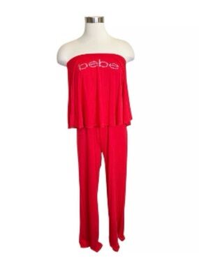 bebe Red Strapless Rhinestone Logo Jumpsuit NWT